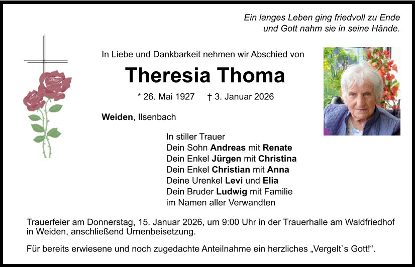 Traueranzeige Theresia Thoma, Weiden