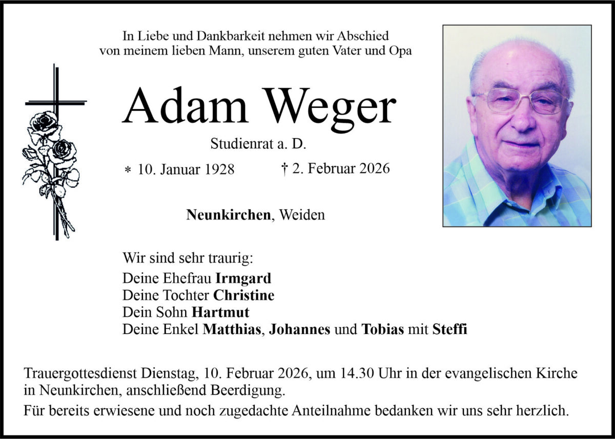 Traueranzeige Adam Weger, Neunkirchen