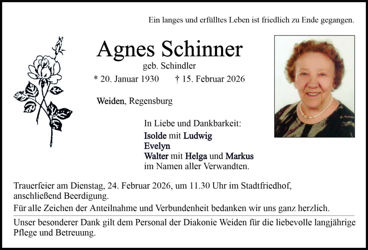 Traueranzeige Agnes Schinner, Weiden