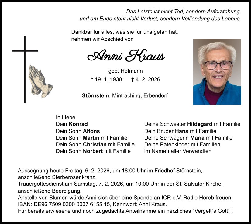 Traueranzeige Anni Kraus, Störnstein