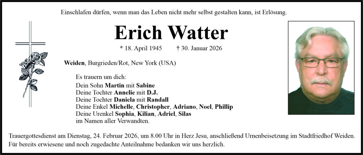 Traueranzeige Erich Watter, Weiden