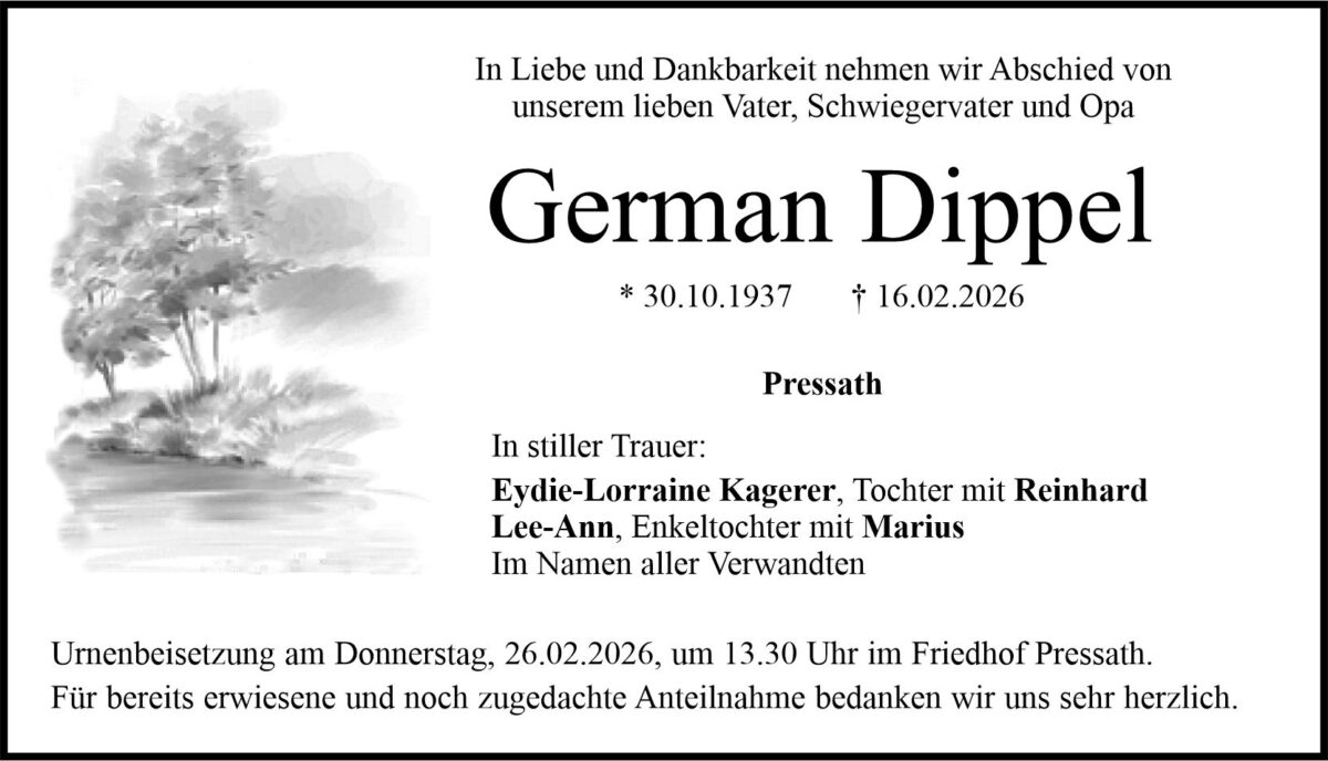 Traueranzeige German Dippel, Pressath
