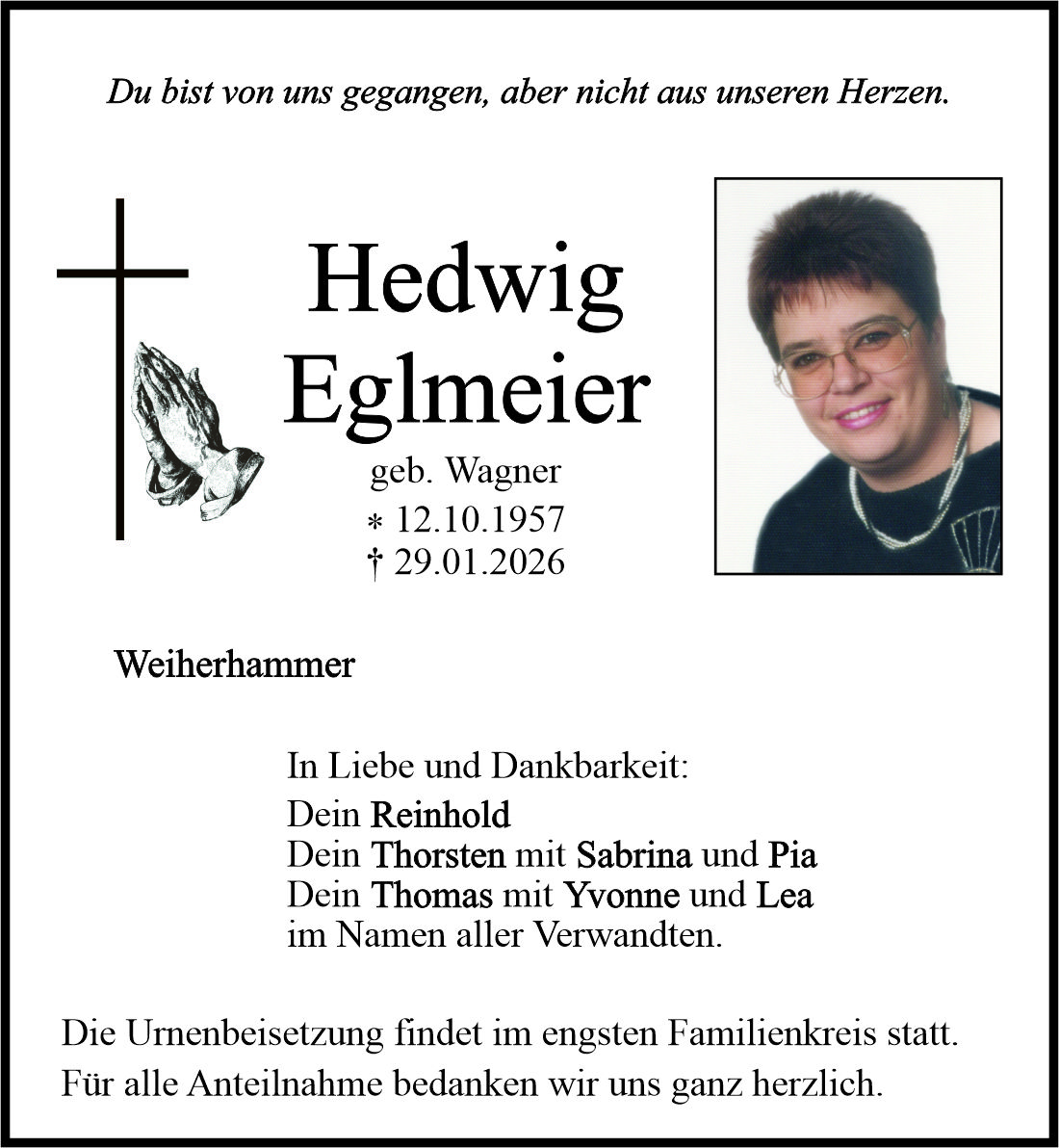 Traueranzeige Hedwig Eglmeier, Weiherhammer