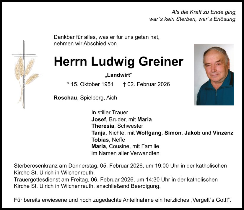 Traueranzeige Ludwig Greiner, Roschau