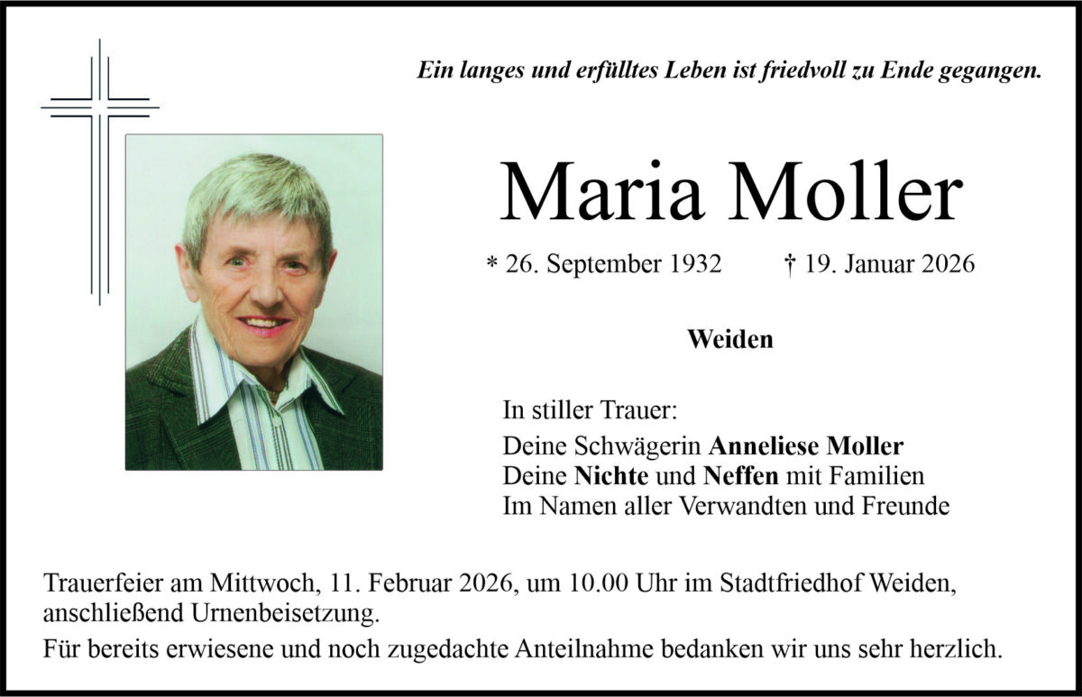 Traueranzeige Maria Moller, Weiden