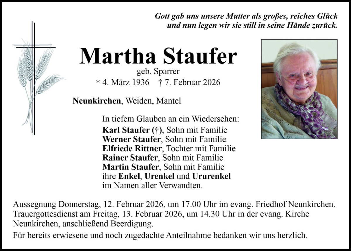 Traueranzeige Martha Staufer, Neunkirchen