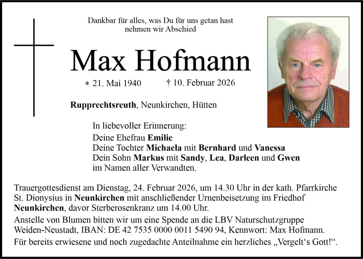 Traueranzeige Max Hofmann, Rupprechtsreuth