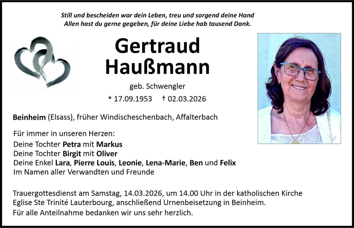 Traueranzeige Gertraud Haußmann, Beinheim/Elsass – Windischeschenbach