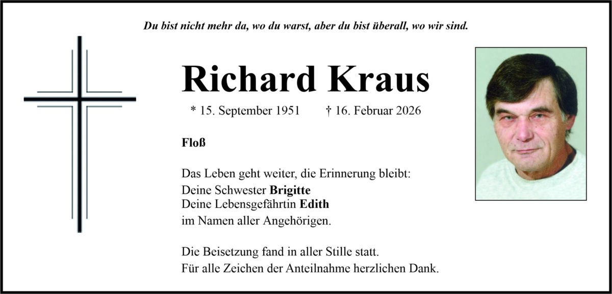 Traueranzeige Richard Kraus, Floß