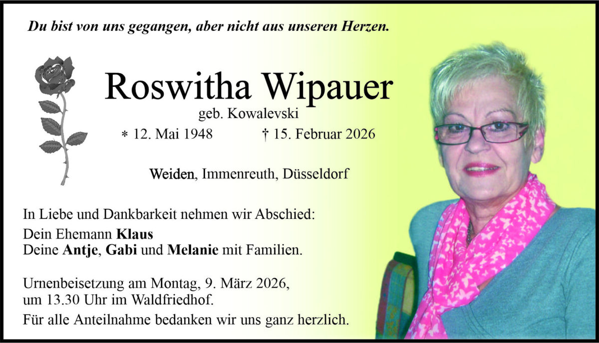 Traueranzeige Roswitha Wipauer, Weiden